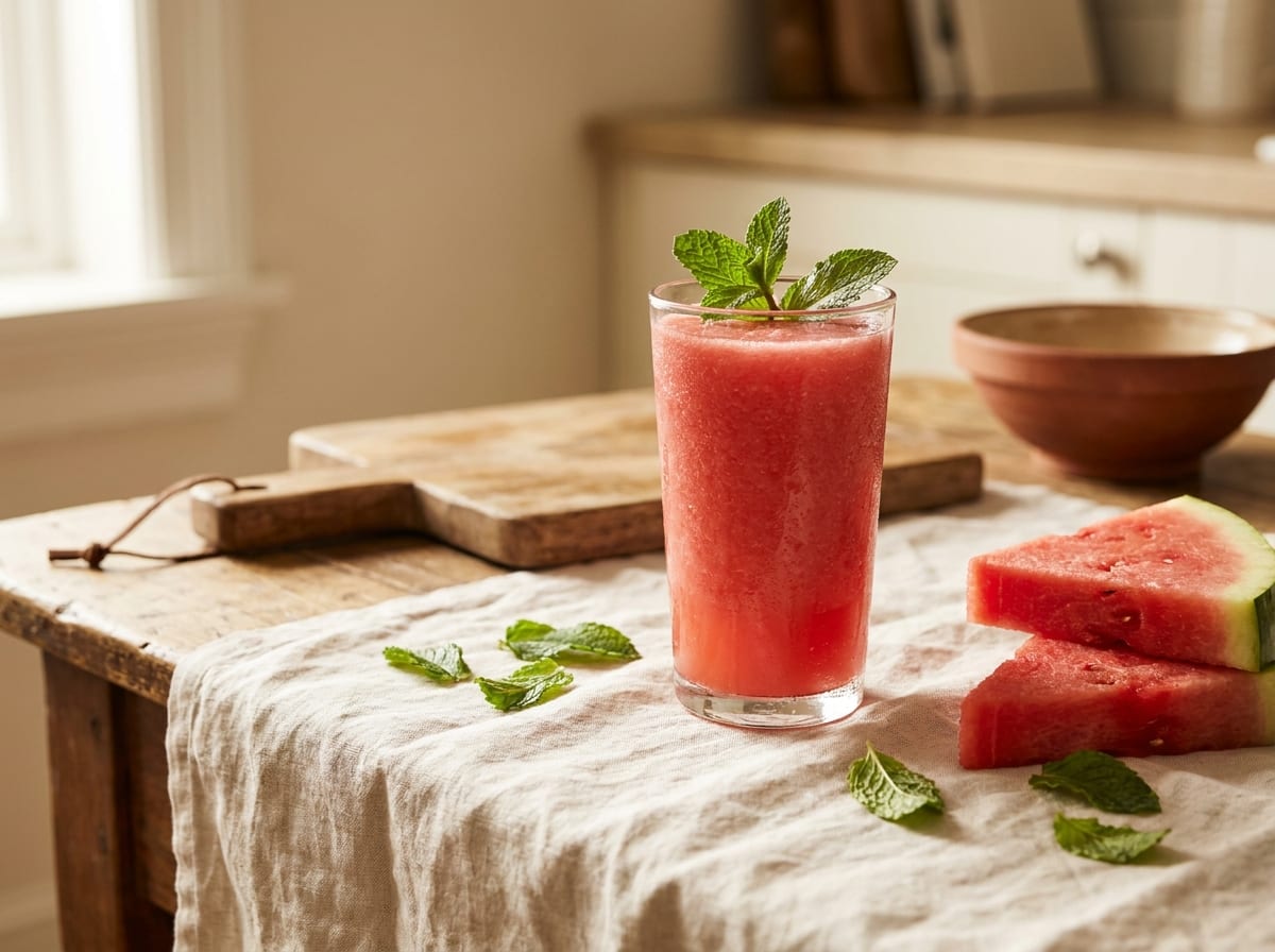 A tall glass of bright pink watermelon and beet smoothie on a pale linen surface in bright daylight, watermelon wedges and mint leaves beside it, shot straight on with a soft background blur.