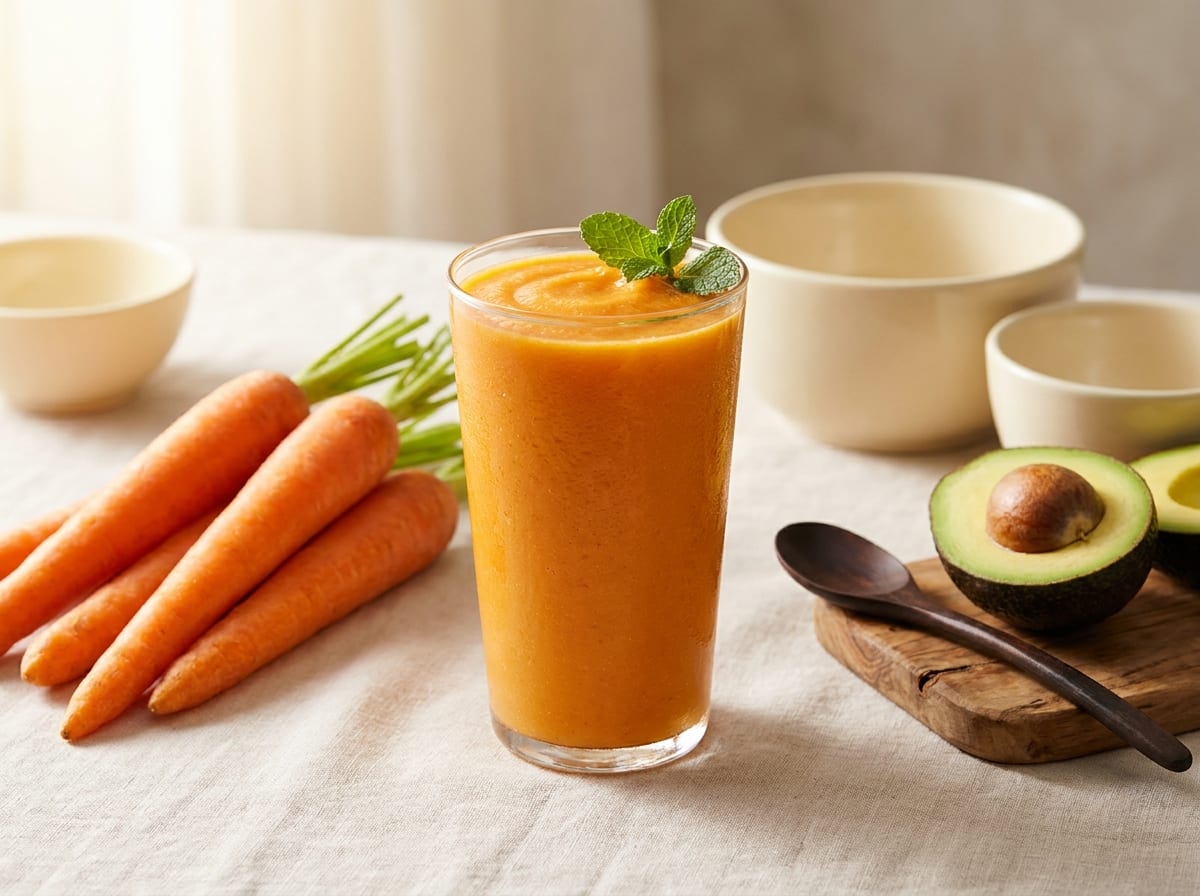 A tall glass of thick sunset-orange carrot and mango smoothie on a pale linen surface in bright natural light, carrots and half an avocado beside it, shot straight on with a soft background blur.