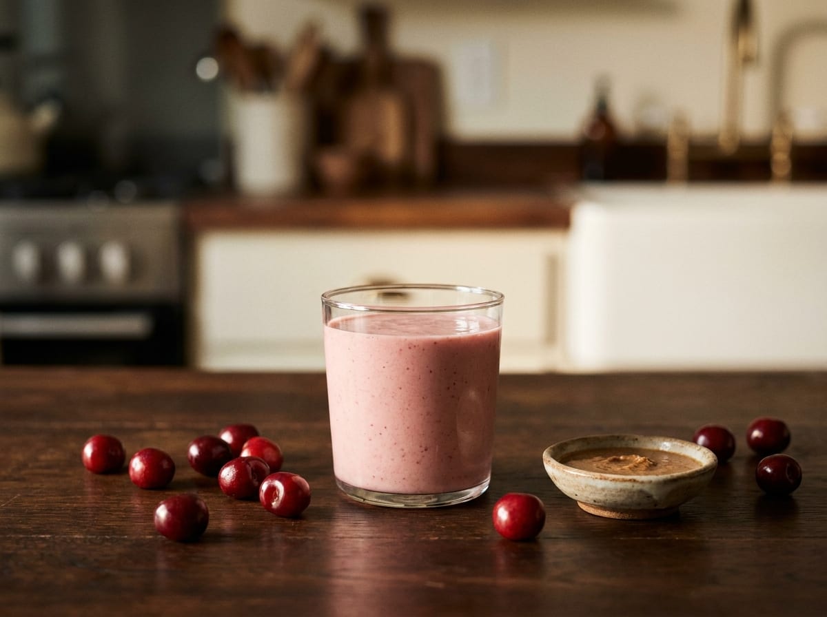 A short glass of soft pink cherry smoothie on a dark wood surface in warm low evening light, a few tart cherries and a small dish of almond butter beside it, shot straight on with a gentle background blur.