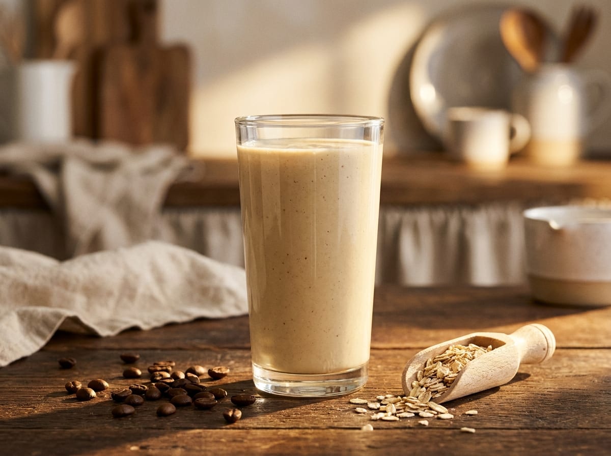 A tall glass of pale coffee-coloured smoothie on a dark wood surface in bright morning light, coffee beans and a scoop of oats beside it, shot straight on with a gentle background blur.