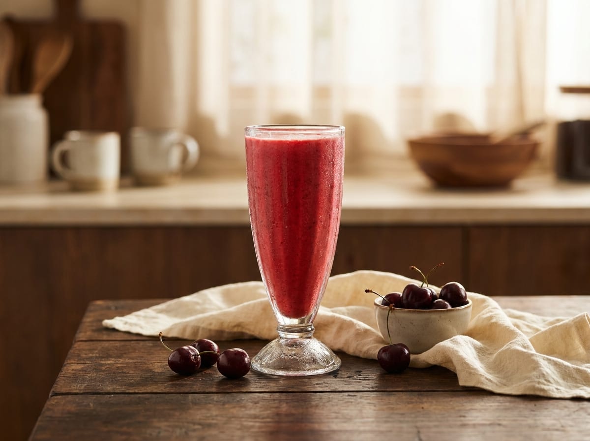 A tall glass of bright red cherry recovery shake with condensation on the outside, on a dark surface in bright light, fresh cherries beside it, shot straight on with a gentle background blur.