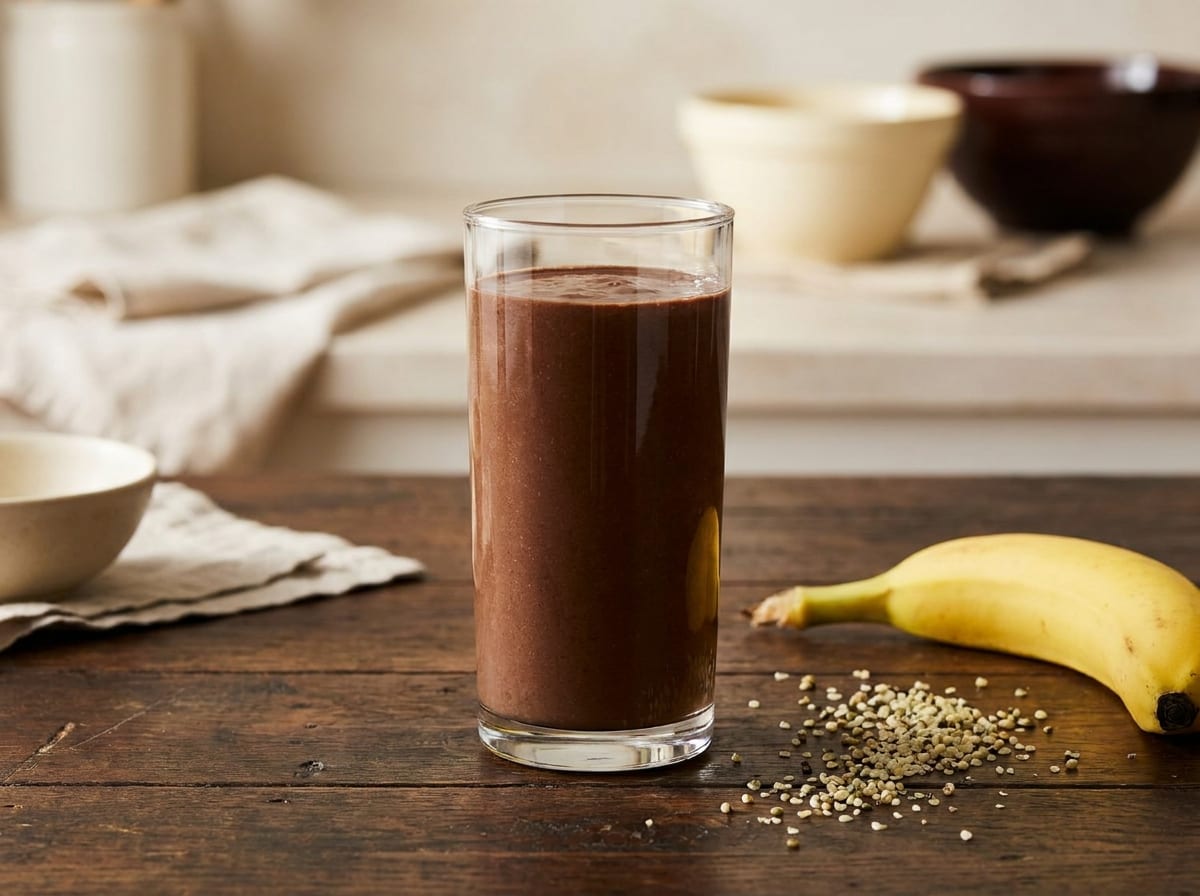 A tall glass of thick dark chocolate protein smoothie on a dark wood surface in bright light, hemp seeds and a banana beside it, shot straight on with a gentle background blur.