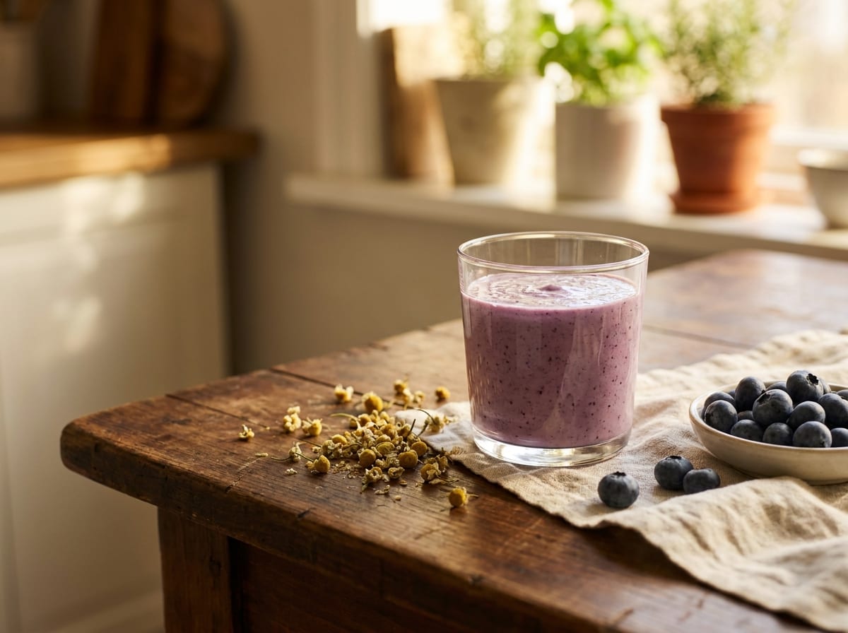 A short glass of soft violet blueberry smoothie on a dark wood surface in warm low evening light, dried chamomile flowers and blueberries beside it, shot straight on with a gentle background blur.