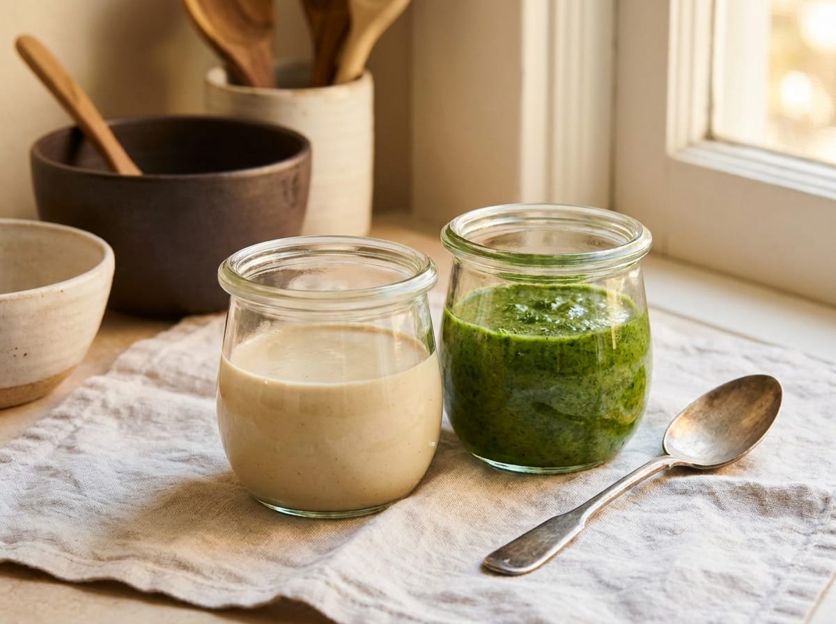 Two small glass jars side by side, one of pale creamy tahini dressing and one of vivid green herb sauce, on a pale linen surface in bright natural light, a spoon resting beside them, shot straight on.