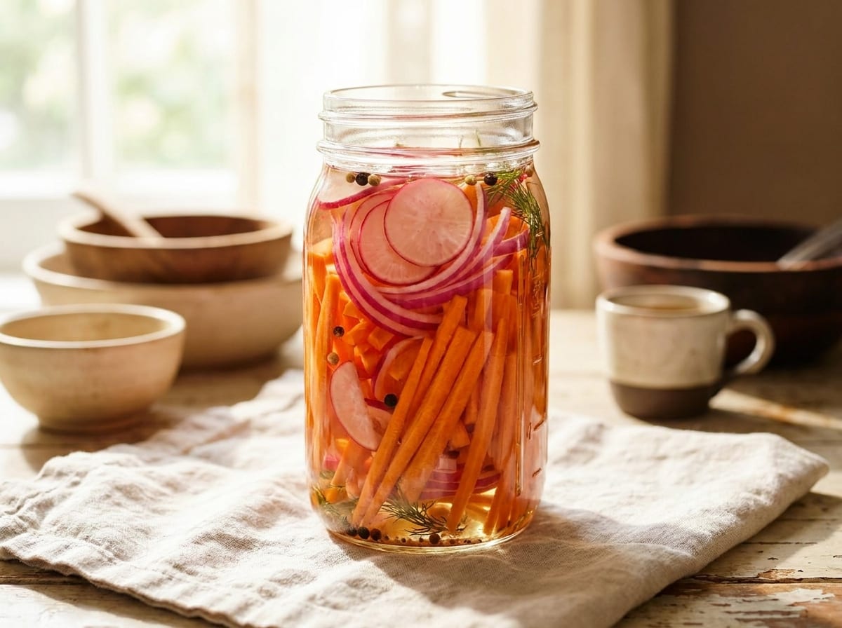 A tall glass jar packed with bright orange carrot, pink radish and magenta red onion in clear brine, on a pale linen surface in bright natural light, shot straight on with a gentle background blur.