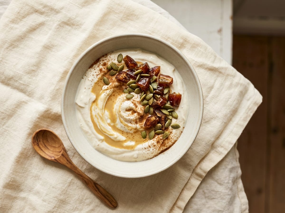 A shallow ceramic bowl of thick pale skyr yogurt swirled with golden tahini, scattered with chopped dates and pumpkin seeds and a dusting of cinnamon, on a warm ivory linen surface with a small wooden spoon alongside, soft natural daylight, shot straight-on in a four-by-three frame with a softly blurred background, no text.