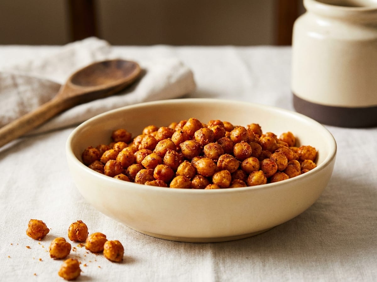 A shallow bowl of deep golden-red roasted chickpeas with a crisp look, spilling onto a pale linen surface in bright natural light, shot straight on with a gentle background blur.
