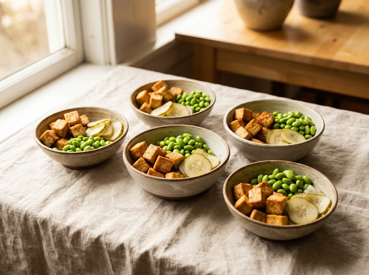 Five small containers of golden baked tofu cubes, bright green edamame and pale pickled cucumber slices, on a pale linen surface in bright natural light, shot straight on with a gentle background blur.